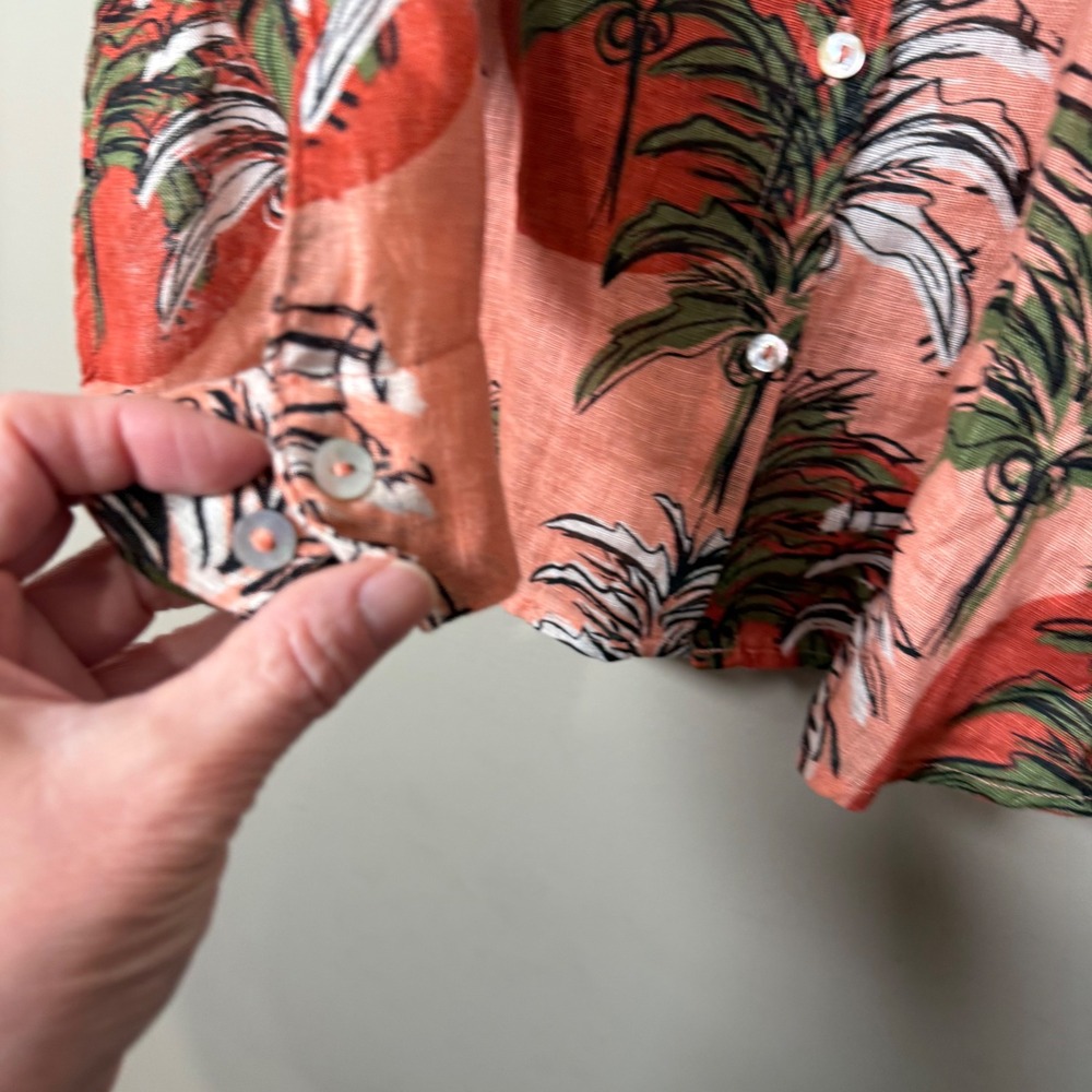 Nicole Miller European Grown Flax 100% Linen Palm Tree Button Down Blouse Large - Picture 12 of 13